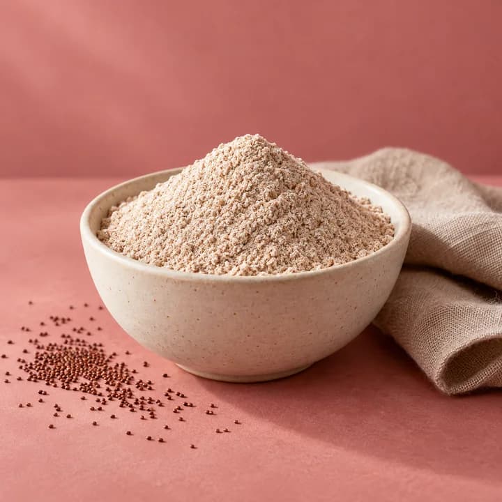 Teffmehl in einer Keramikschale mit kleinen Teffkörnern auf rosafarbenem Grund