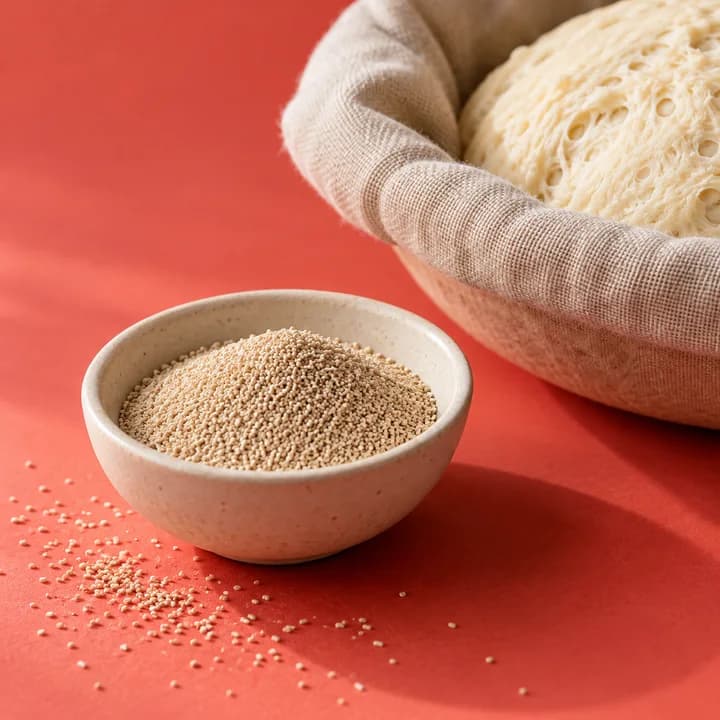 Trockenhefe in einer kleinen Keramikschale neben Brotteig auf korallrotem Grund
